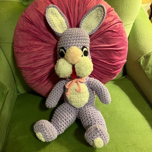 True Vintage Crocheted Amigurumi Purple Easter Bunny Rabbit Plush Stuffed Animal - Picture 3 of 12
